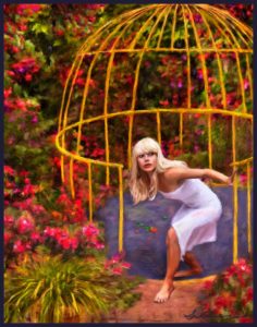 A woman about to leave the Golden Cage of life to explore what lies outside the cage.